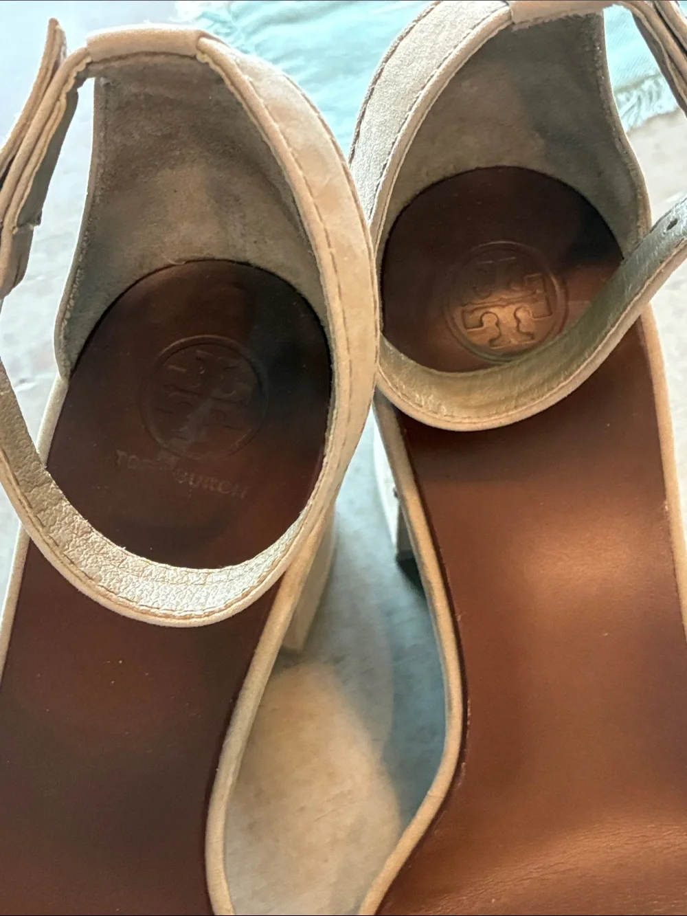 Tory Burch Taupe Suede Ankle-Strap Block Heel Sandals